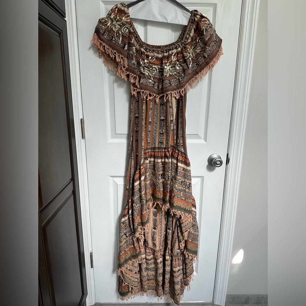 Miss June Paris bohemian high low off the shoulder dress.